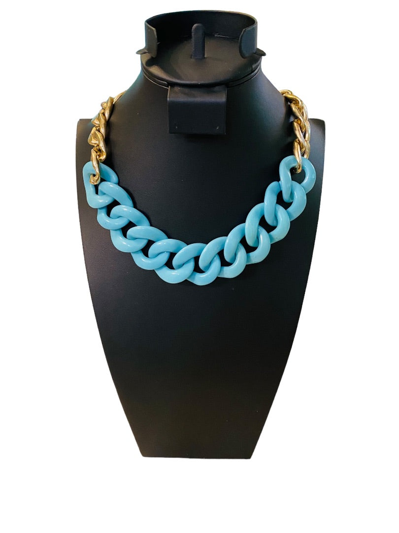 Chunky Acrylic Faux Turquoise and Goldtone 18-21" Statement Necklace