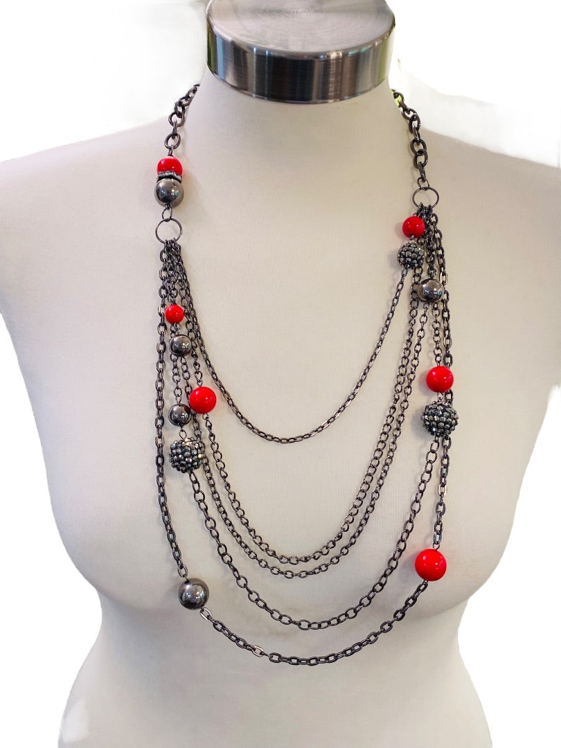 Pewter Color Layered Look Necklace Red Bead Lobster Clasp 27" Long