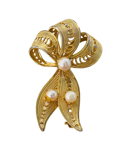 Vintage Goldtone and Faux Pearl Vintage Brooch Filigree Ribbon Shape 1.75"