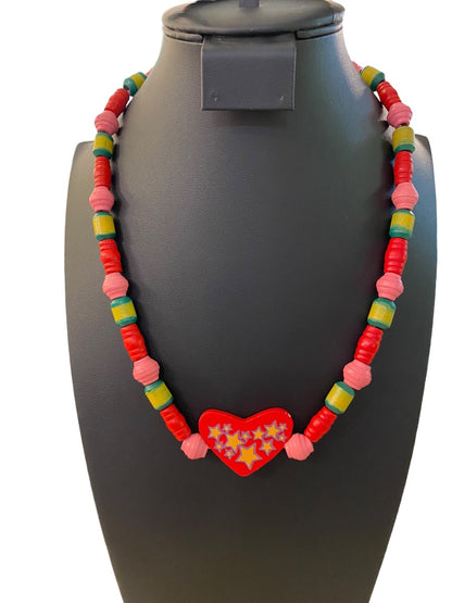 Wooden Beaded Necklace Tie Closure Heart Stars Red Pink Green Yellow 24" Craft