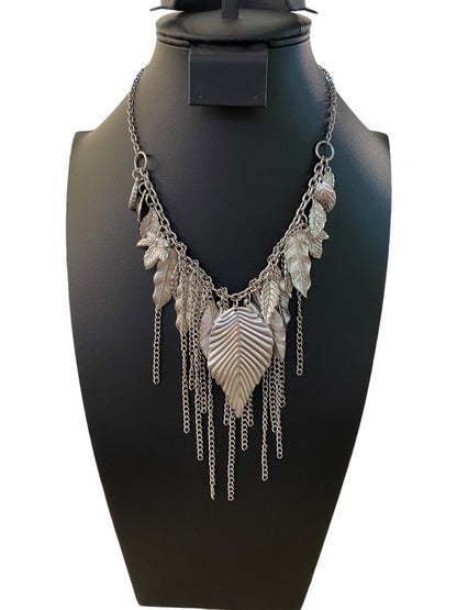 Silvertone Layered Boho Necklace Leaf and Chain Statement 16-18"