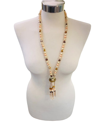Braided Plastic Bead Necklace 32" Overhead Goldtone Pink Brown Lightweight 5" Tassel