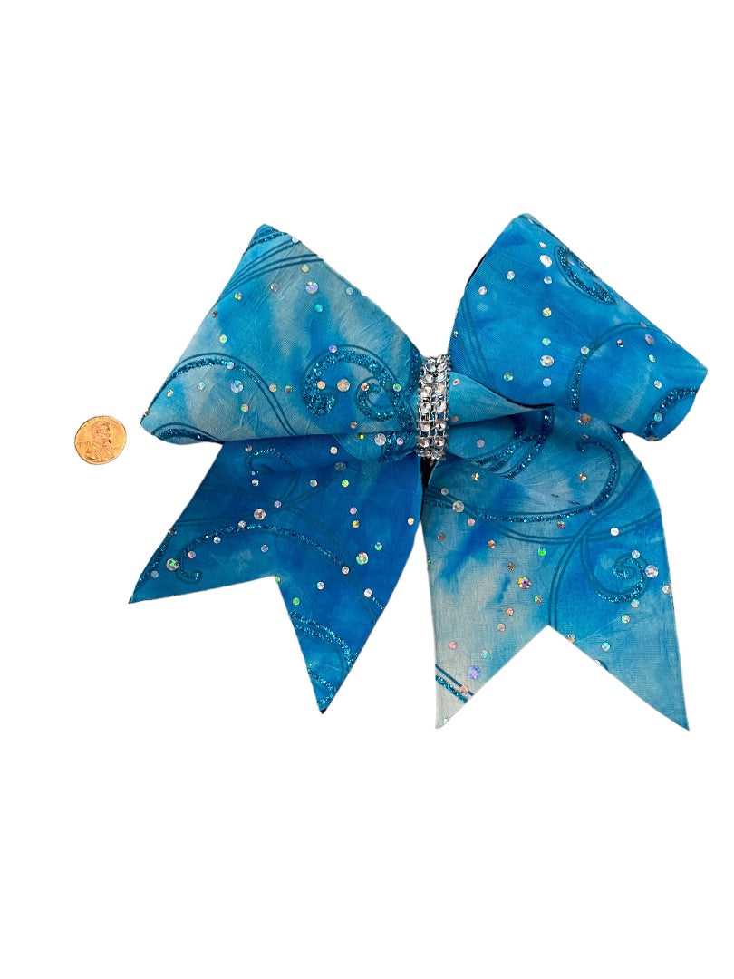 Girls Oversize Hair Bow 6.5" Elastic Ponytail Holder Blue Glitter Bejeweled