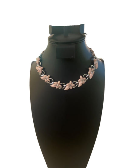 Vintage 13-15" Necklace Hook Closure Pink Plastic Leaf Silvertone