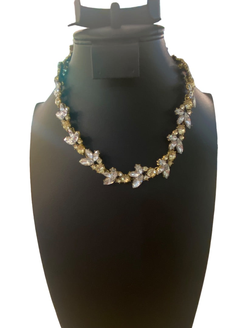 Goldtone Statement Necklace Vine Design Green Clear Faceted Jewels 16-18" Lays Flat