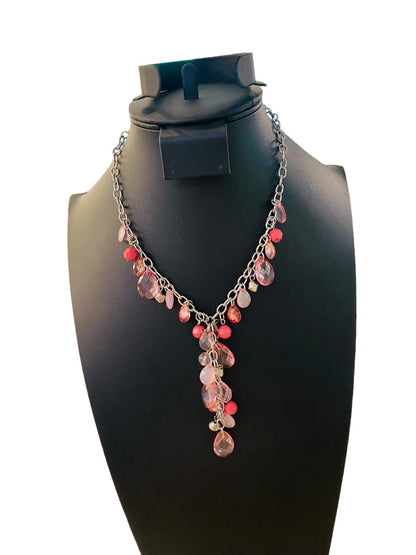 Silvertone Necklace Pink and Mauve Acrylic Faceted Beads 16-19" with 3" Drop