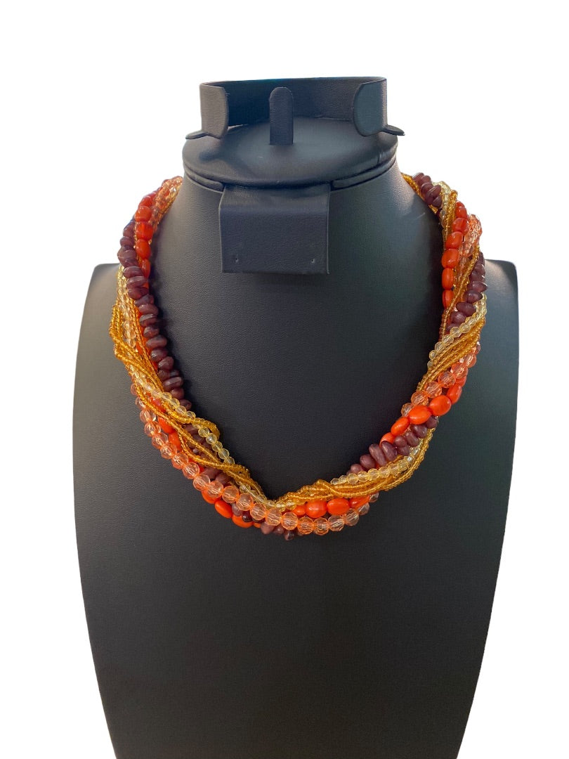 Vintage Twist Multistrand Acrylic Beaded Necklace 18-21" Orange Brown Lobster Clasp