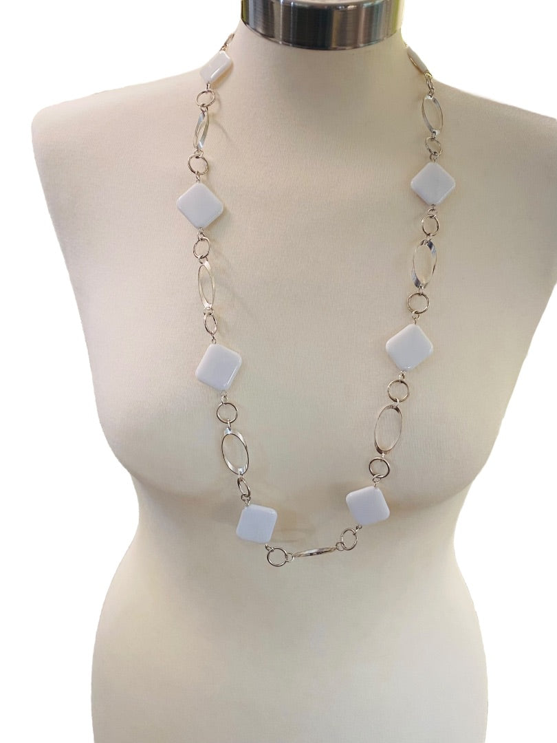 Silvertone and White Acrylic Square Necklace Overhead 34" Lightweight