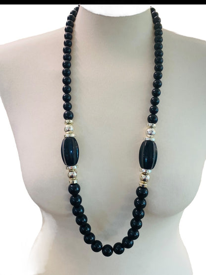 Chunky Black Graduated Bead Necklace Vintage 1990s Silvertone 35" Spring Clasp