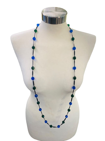 Blue Green Black Knotted Ribbon Necklace Faceted Beads 48" Oversize Spring Clasp