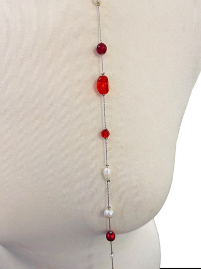 Silvertone Red Chain Necklace Strand String 67" Lobster Clasp Faux Assorted Pearls