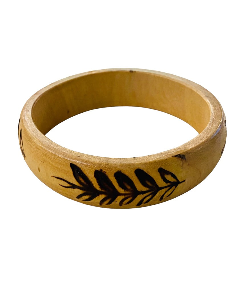 Vintage Wooden Bangle Bracelet Wood Burned Fern Design 2.75" Inside Diameter