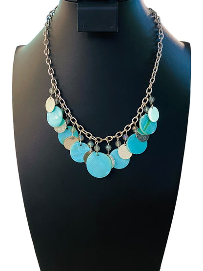 Silvertone and Aqua Charm Layered Circle Necklace 16-19" Lobster Clasp