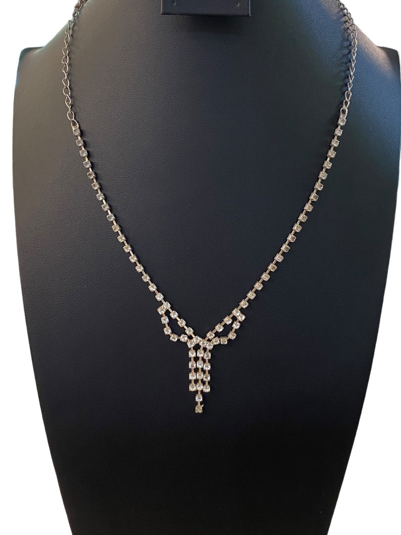 Rhinestone Formal Silvertone Necklace 21" Lobster Clasp 2" Drop