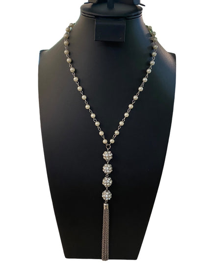 Silvertone Faux Pearl 19" Necklace Tassel 6" Drop Rhinestone Sparkle Lobster Clasp