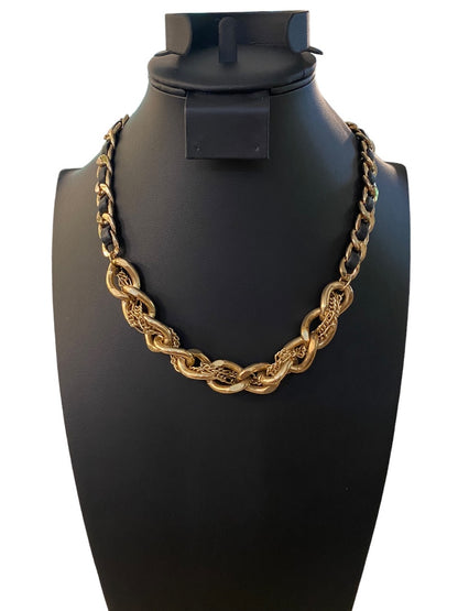 Goldtone and Black Cord Chunky Dual Strand Chain Necklace 17-19" Lobster Clasp