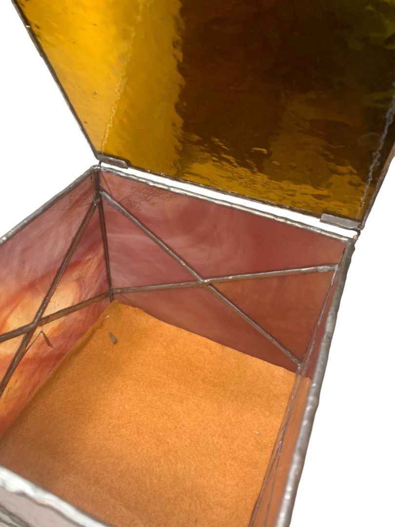 Amber  Stained Glass Lidded Hinged Box Footed Decorative Storage 6.5" Square x 5"h