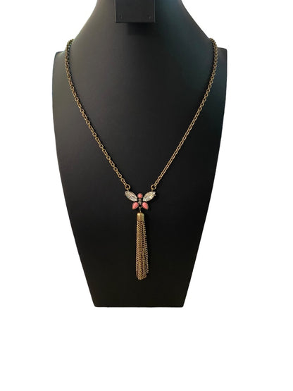Goldtone Tassel Butterfly 31" Necklace 3.75" Drop Lobster Clasp
