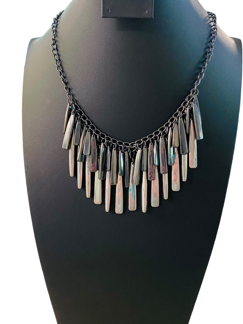 New York & Co Pewter Color and Silvertone Fringe Necklace 18-21" Lobster Clasp 1.5" Drop