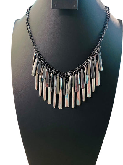 New York & Co Pewter Color and Silvertone Fringe Necklace 18-21" Lobster Clasp 1.5" Drop