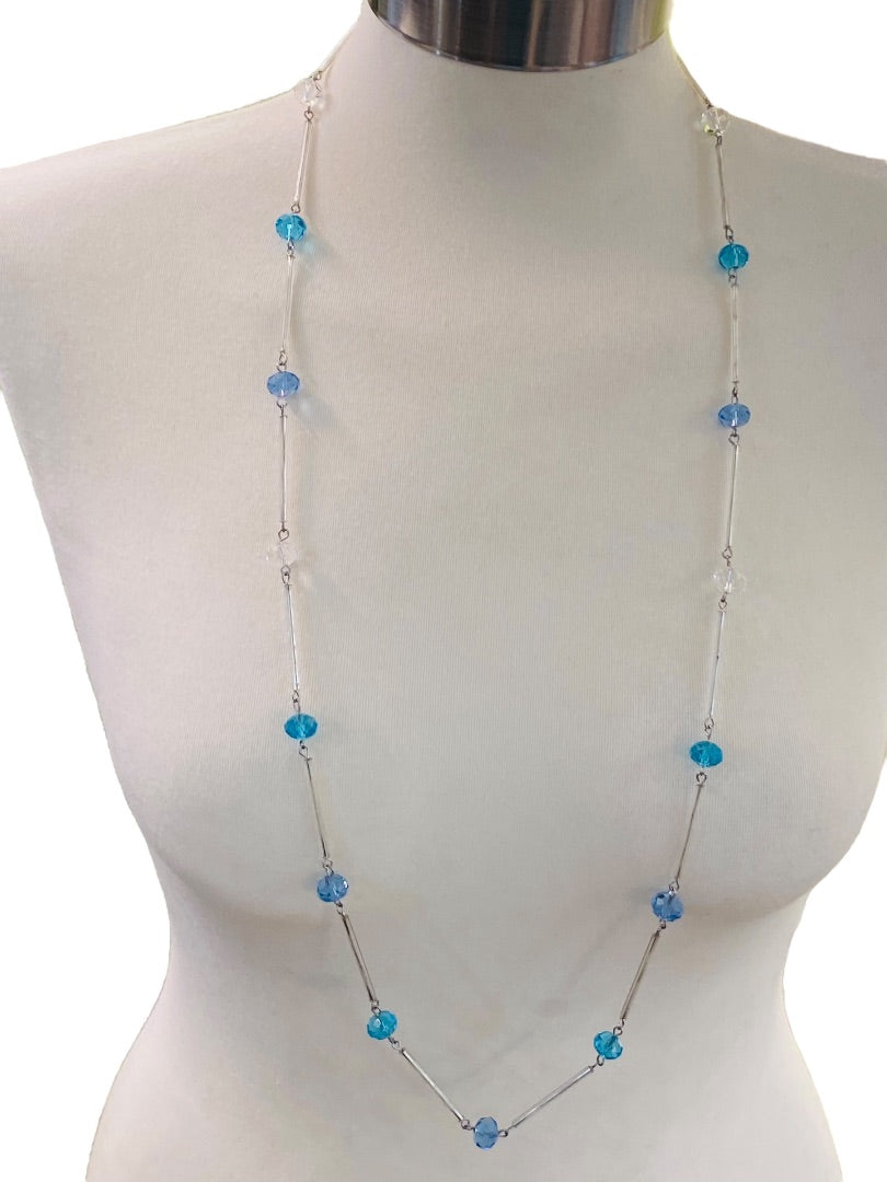 Silvertone Blue Aqua Beaded Overhead 36" Strand String Necklace