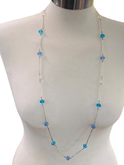 Silvertone Blue Aqua Beaded Overhead 36" Strand String Necklace