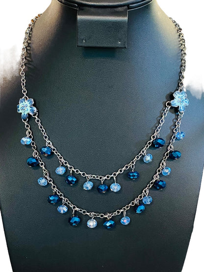 Dark Silvertone Blue Beaded Layered Necklace Floral 19" Lobster Clasp