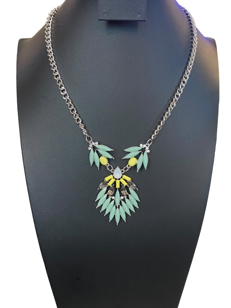 Silvertone Green Yellow 18-19" Statement Necklace Beaded Green Yellow