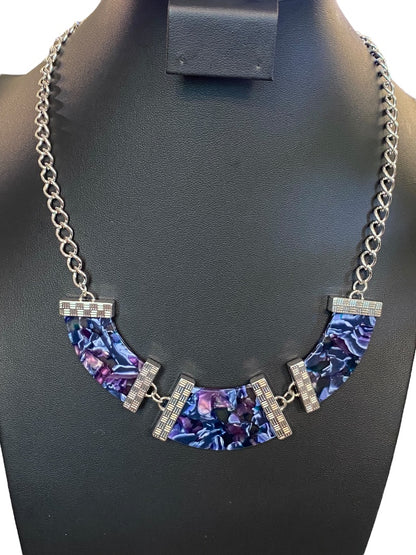 Silvertone Blue Purple 21" Statement Necklace Acrylic Swirl Lays Flat