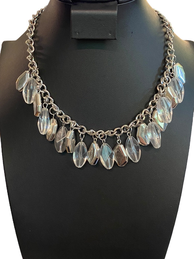 Silvertone 17" Statement Necklace Clear Charm Beads Lobster Clasp