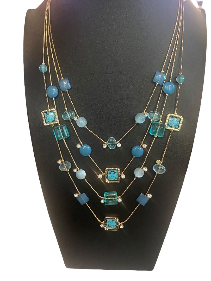 Charming Charlie 4 Strand Goldtone Blue Aqua Beads Layered 18-21"