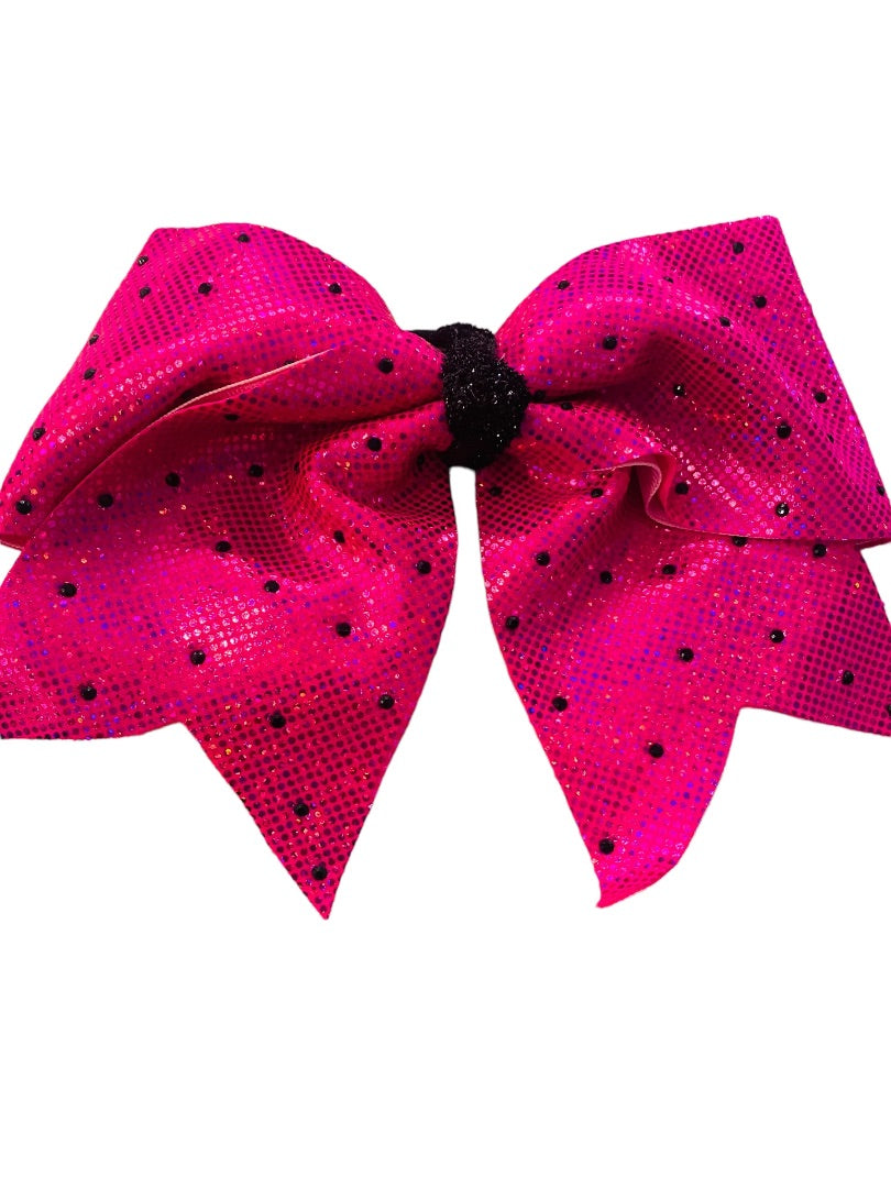 Girls Oversize Hair Bow 6.5" Elastic Ponytail Hot Pink Black Dots Gilttery Shiny