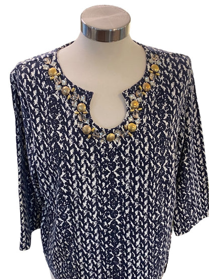 XL Petite Ruby Rd Womens New Moonstruck Embellished Neck Pullover Shirt 3/4 Sleeve