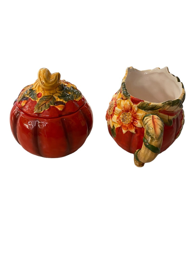 Country Road Ceramic Creamer and Lidded Sugar Bowl Pumpkin Fall Autumn