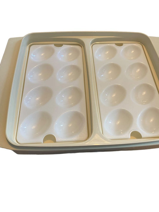Vintage Tupperware 4 Piece Deviled Egg Carrier Keeper Tray Almond #723-4