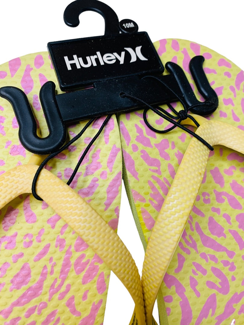 10M Hurley Womens New Animal Flip Flops Yellow Pink Cheetah Sunrise