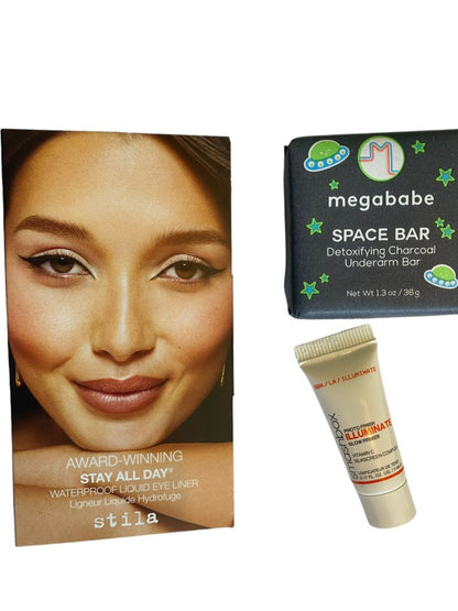 Mixed Lot of Toiletries and Beauty Samples 22 Pc Megababe Smashbox Lancome it Perricone MD Clinique Stila and more - no cosmetic case