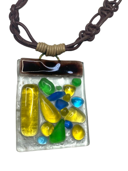 Art Glass Pendant Statement Necklace Mulitcolor 14" Toggle Clasp 2.2"h