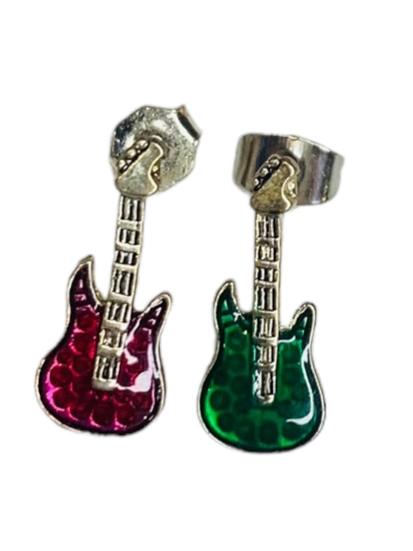 Pierced Post Guitar Earring Silvertone Pink Green Petite .5" Stud