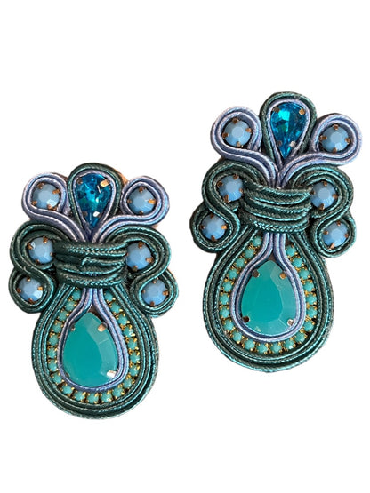 Soutache Post Earrings Flat Ribbon Statement Teardrop Turquoise Ornate 2.5"