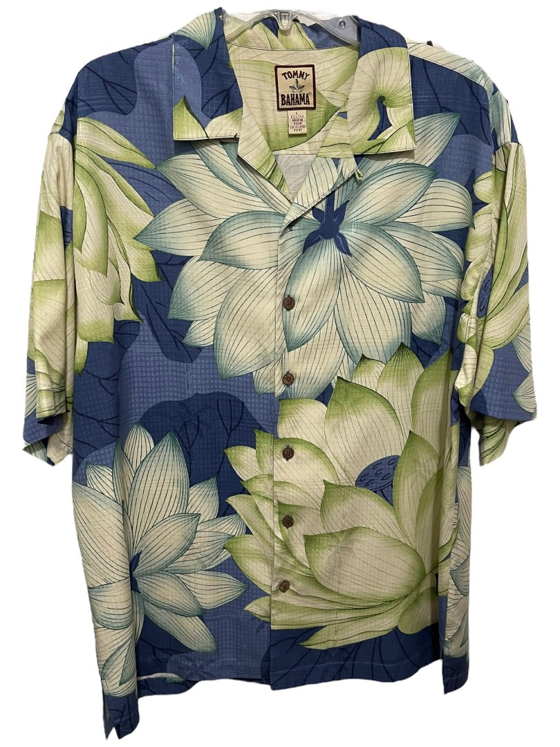 Large Tommy Bahama Mens Blue Yellow Tropical Button Up Shirt Short Sleeve