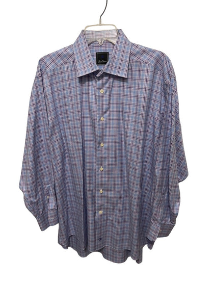 17.5 (32/33) David Donahue 100% Cotton Button Up Mens Plaid Dress Shirt Purple Blue Plaid