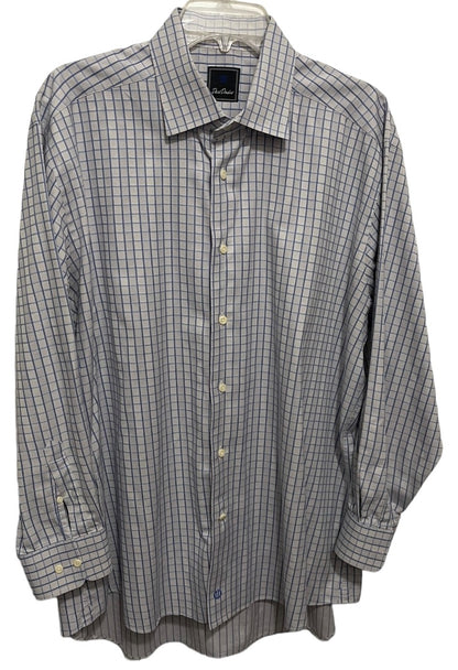 17.5 (32/33) David Donahue 100% Cotton Button Up Mens Plaid Dress Shirt Blue