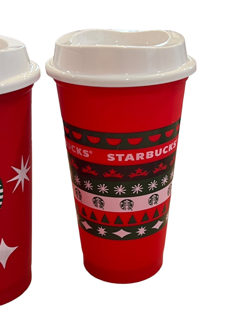 Starbucks 2 Christmas Coffee Cups & Lids Red Holiday Plastic 25 Years Tall 16oz Brand New