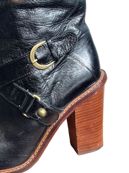 Size 8M Boutique Women's Charissa Black Leather Over the Knee Buckle Heeled Boots Boot