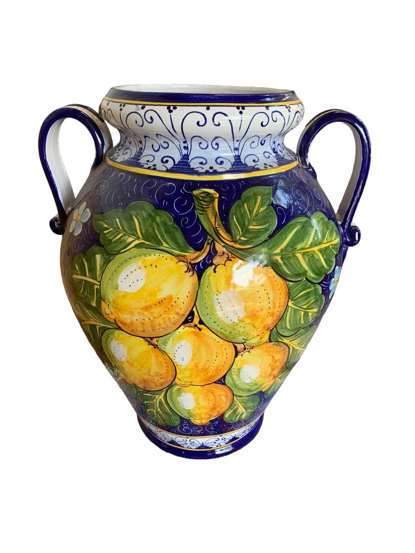 Large 24.5"h Double Handle Vase Lemons Blue Made in Italy Italian Pottery Urn