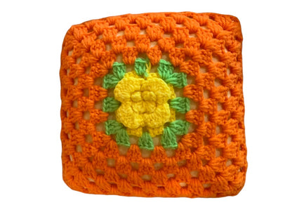 Vintage 1980s Crochet Cover Flower Throw Pillow 10" Accent Orange