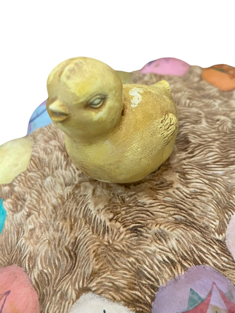 Vintage Hand Painted Chick on Ukrainian Eggs Basket Lidded Cookie Jar