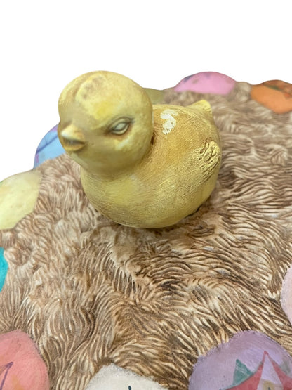 Vintage Hand Painted Chick on Ukrainian Eggs Basket Lidded Cookie Jar