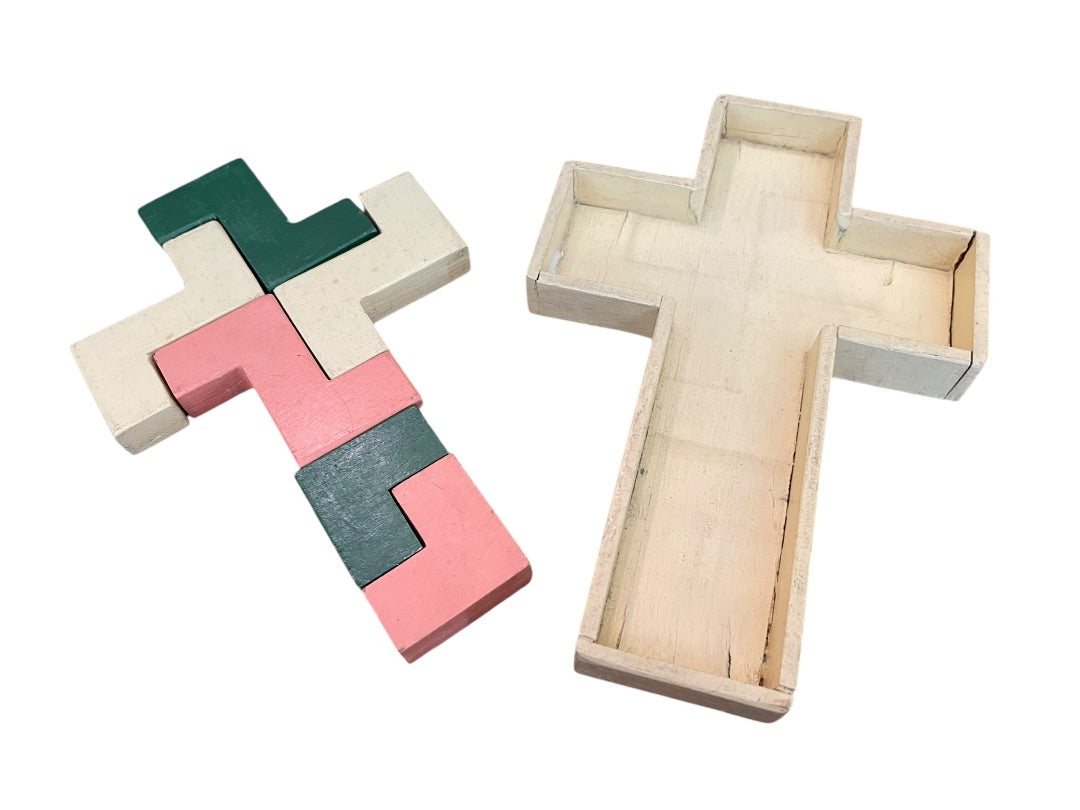 Vintage Wooden Cross Puzzle Toy 6 Pieces with Wooden Cross Box